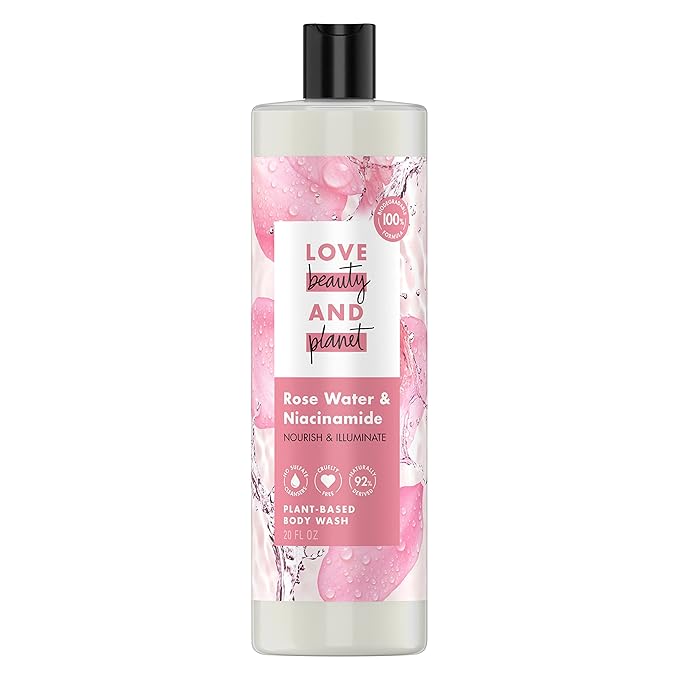 Love Beauty and Planet Plant-Based Body Wash Nourish and Illuminate Skin Rose Water and Niacinamide Made with Plant-Based Cleansers and Skin Care Ingredients, 100% Biodegradable 20 fl oz