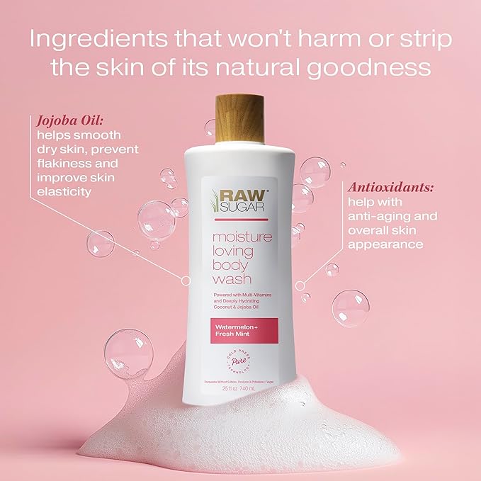 RAW SUGAR Watermelon Mint Refresh Gentle & Hydrating Body Wash, 20 Fl Oz (Pack of 3), Moisturizing & Refreshing Bath & Shower Gel, Vegan, Formulated without SLS/SLES & Parabens