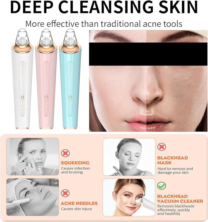 Blackhead Remover Pore Vacuum, Upgraded USB Rechargeable Facial Pore Cleaner Blackhead Removal Kit with 3 Suction Power,5 Probes Black Head Extractions Tool for Women & Men