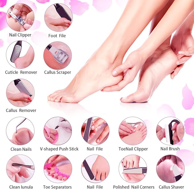Pedicure Tools for Feet, 30 in 1 Foot Scrubber Manicure Kit for Women Men, Stainless Steel Foot File Foot SPA, Professional Callus Remover Skin Tag, Included Nail Toenail Clipper File Foot Rasp