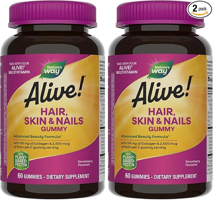 Nature's Way Alive! Hair, Skin & Nails Gummies, Advanced Beauty Formula*, with Biotin and Collagen, Strawberry Flavored, 60 Gummies (Packaging May Vary) (Pack of 2)