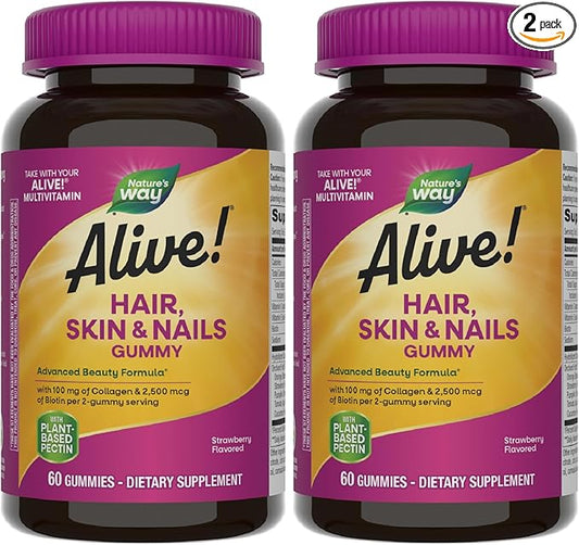 Nature's Way Alive! Hair, Skin & Nails Gummies, Advanced Beauty Formula*, with Biotin and Collagen, Strawberry Flavored, 60 Gummies (Packaging May Vary) (Pack of 2)