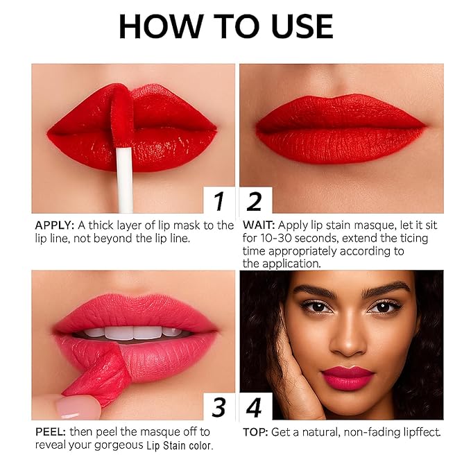 Lip Stain Peel off, Peel Off Lip Stain - Long Lasting Matte Lip Tattoo Transfer Proof Lipstain Infused with Hyaluronic Acid & Vitamin E for All Skin Types Vegan & Cruelty-Free