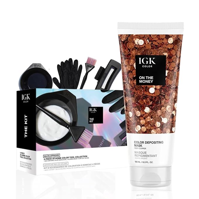 IGK Hair Gloss Toner & Depositing Mask + At-Home Color Tool Set | On The Money Fiery Copper | Semi-Permanent Shine + Tone | Salon-Quality Application