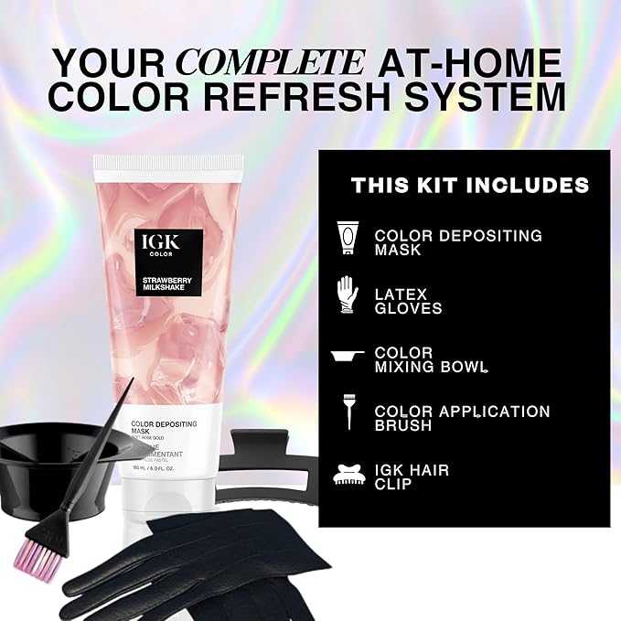 IGK Hair Gloss Toner & Depositing Mask + At-Home Color Tool Set | Strawberry Milkshake Soft Rose Gold | Semi-Permanent Shine + Tone | Salon-Quality Application