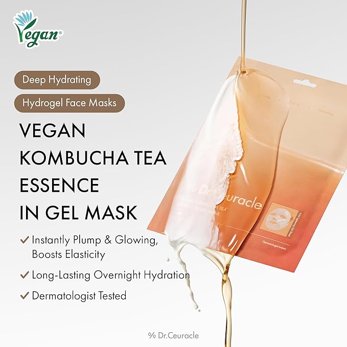 leegeehaam Dr.Ceuracle Vegan Kombucha Tea Essence in Gel Mask - Deep Hydrating Hydrogel Jelly Mask for Glass Glow Skin, Korean Skincare Face Mask (4 Counts (Pack of 1))