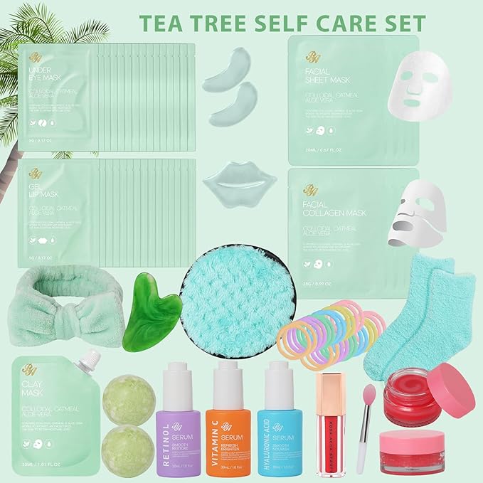 Valentines Day Gifts for Women, 55Pcs Tea Tree Face Sheet Mask Pack, Skin Care Set, Self Care Kit, Hydrogel Jelly Mask, Eye Gel, Under Eye Patches, Facial Serum Set, Christmas, Birthday, Mother Day