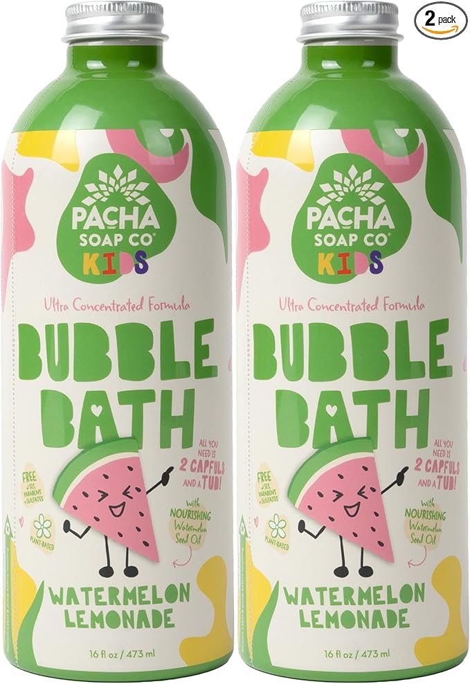 Pacha Soap Co. Kids Bubble Bath, Watermelon Lemonade - Tear-Free, Dye and SLS-Free, Ultra-Concentrated, Foaming, Plant-Based, Vegan, Vitamin-Rich, Non-Toxic, Recyclable, Made in The USA, 2-Pack