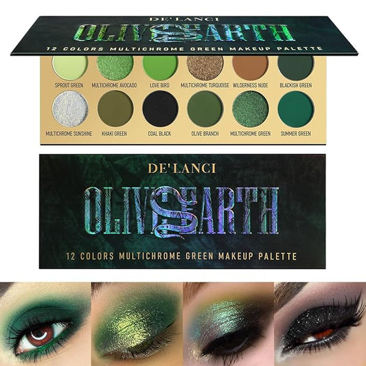 Olive Green Eyeshadow Palette, Brown Green Multichrome Eyeshadow for Nude Smokey Eyes, 12 Colors Bright Pigmented Matte Shimmer Glitter Long Last Makeup Palette for Daily, St Patrick's Day, Cos, Party