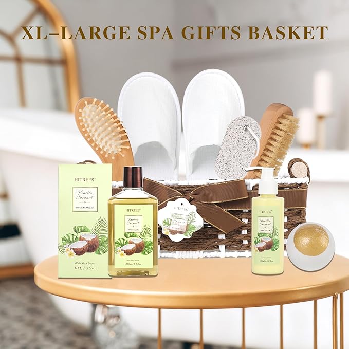 20Pcs Coconut Vanilla Spa Gift Basket for Women & Men, Face Skin Care Set, Bath & Body Set, Self Care Pamper Kit, Comb, Bath Bomb, Birthday, Christmas, Valentines, Mother Day, Anniversary