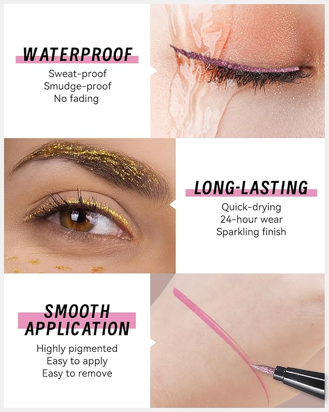 Silver Diamond Glitter Liquid Eyeliner Pen, Shimmer Eye Liner Waterproof Long-Stay, Metallic Satin Finish Colored Eyeliner, Ultra-Fine Tip Smudge-Proof, High Pigmented Eye Brightener Pen for Stage-04
