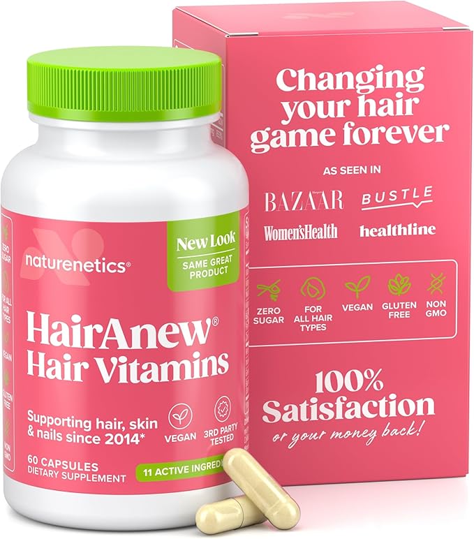 Hair Growth Vitamins for Women & Men for Faster Hair Growth, Vegan, 60 Capsules - 11 Ingredients & 5000mcg Biotin for Thicker Fuller Stronger Locks + Skin & Nail Health - Naturenetics HairAnew
