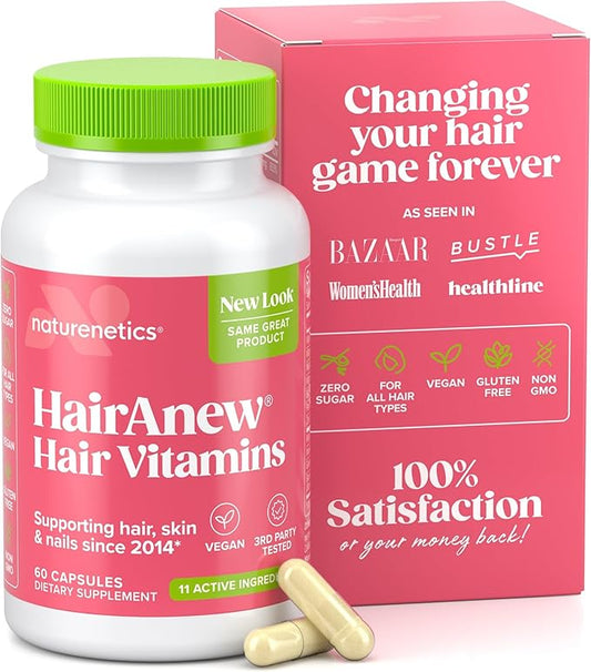 Hair Growth Vitamins for Women & Men for Faster Hair Growth, Vegan, 60 Capsules - 11 Ingredients & 5000mcg Biotin for Thicker Fuller Stronger Locks + Skin & Nail Health - Naturenetics HairAnew