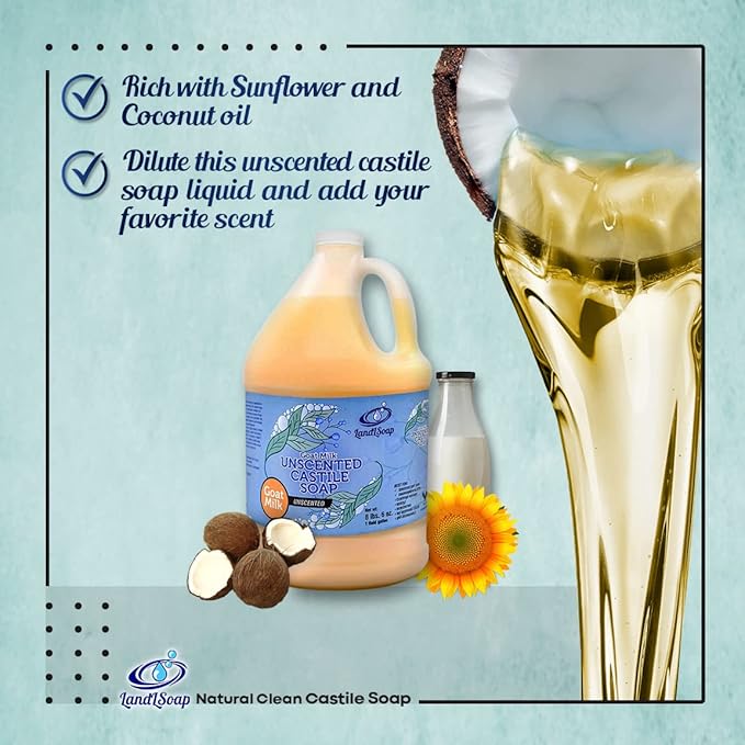 Goat Milk Unscented Pure Castile Soap Liquid for Face, Hand & Body Wash-Hand Made Soap, Vegan, Made in USA, Dry & Sensitive Skin (Half Gallon)