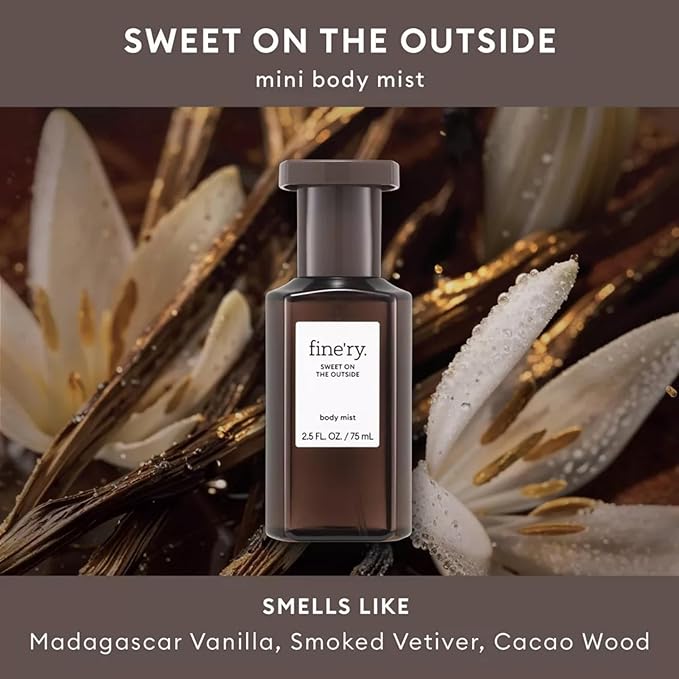 Fine'ry Vanilla Gourmand Mini Perfume Mist Hair + Body Spray for Women & Girls, Teens - Sweet on the Outside - Vanilla, Cacao Wood, Vetiver, Long-Lasting, Travel Size Fragrance Spray (2.5 Fl Oz)