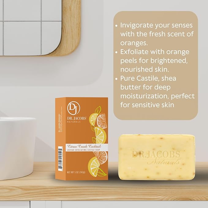 Dr Jacobs Naturals, Triple Milled Loofah Exfoliating Castile Bar Soap (Pack of 6) - Free of Parabens, Sulfates, Synthetics, Gltuen and GMO (Citrus Crush Cocktail)