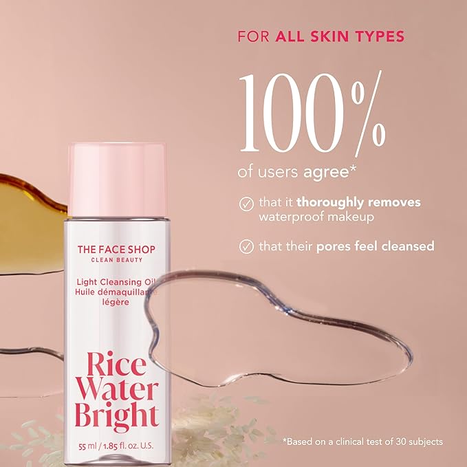 The Face Shop Rice Water Bright Vegan Double Cleanse Trial Set, Travel Size, Foaming Cleanser & Mini Cleansing Oil, Korean Skin Care, Gentle Face Cleanser & Pore Control, Moisturizing Makeup Remover
