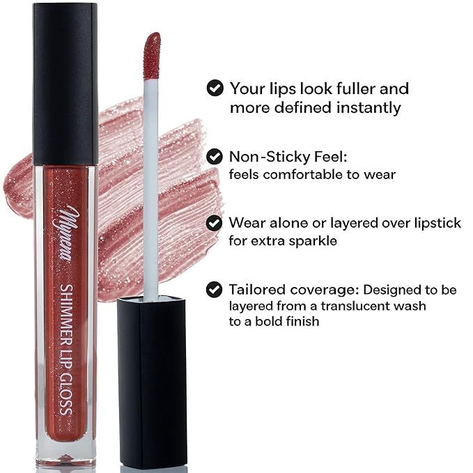 Mynena Rosy Terracota Shimmer Lip Gloss | Non-Sticky Lightweight Topper | High-Shine Iridescent Sparkle | Layerable Demi-Sheer Finish | Paraben-Free & Cruelty-Free | Nora