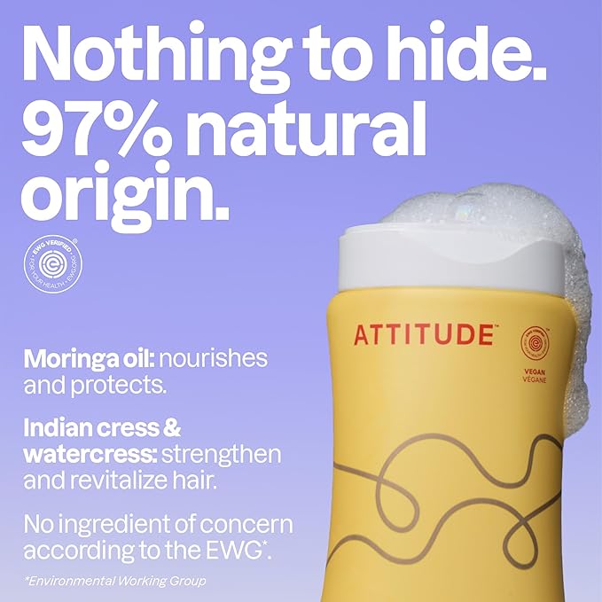 ATTITUDE Nourishing Shampoo for Curly Hair with Moringa Oil, EWG Verified, Vegan and Naturally Derived, 3a, 3b, 3c Curl Type, Provides Lightweight Moisture to Curls, 16 Fl Oz