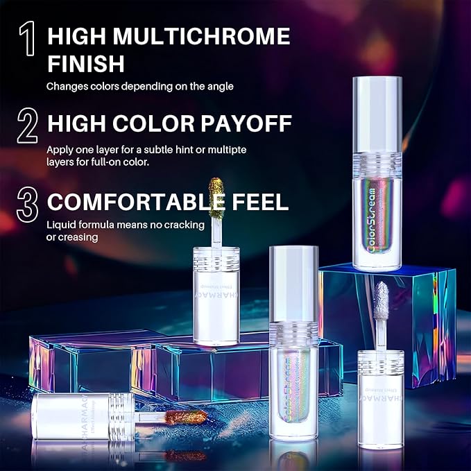 CHARMACY Multichrome Liquid Metallic Eyeshadow, Chameleon Shifting Color, Holographic Glitter Liquid Eyeshadow, Long Lasting Wear, Vegan Eye Topper for Party, Daily Makeup #07