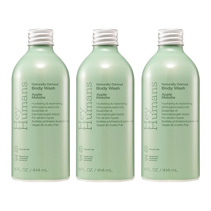 HEY HUMANS Apple Matcha Moisturizing Body Wash with Natural Ingredients & Jojoba Oil | Clean, Vegan, Sulfate Free Bath & Body Wash for Women & Men | Recyclable Bottle, 14 fl. oz. - Pack of 3