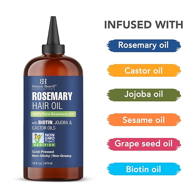 Botanic Hearth Hair Oil for Hair Growth | Rosemary Oil for Hair Growth with Biotin, Castor & Jojoba | Hair Relaxers & Dry Scalp Treatment | Color Safe | All Hair Types | 16 Fl Oz