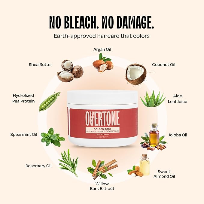 Overtone Semi Permanent Hair Color Conditioner, Golden Rose, 8 oz, Nourishing, Damage-Free, Color Depositing Mask for All Hair Types with Shea Butter & Coconut Oil, Vegan & Cruelty-Free