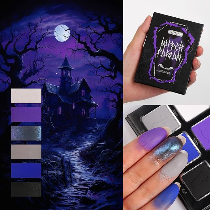 Black Blue Purple Eyeshadow Goth Makeup Palette, Matte Shimmer Dark Smoky Eyeshadow Pallet with Mirror, High Pigment White Grey Multichrome Eye Shadow for Halloween Party Witch Costume Zombie Vampire