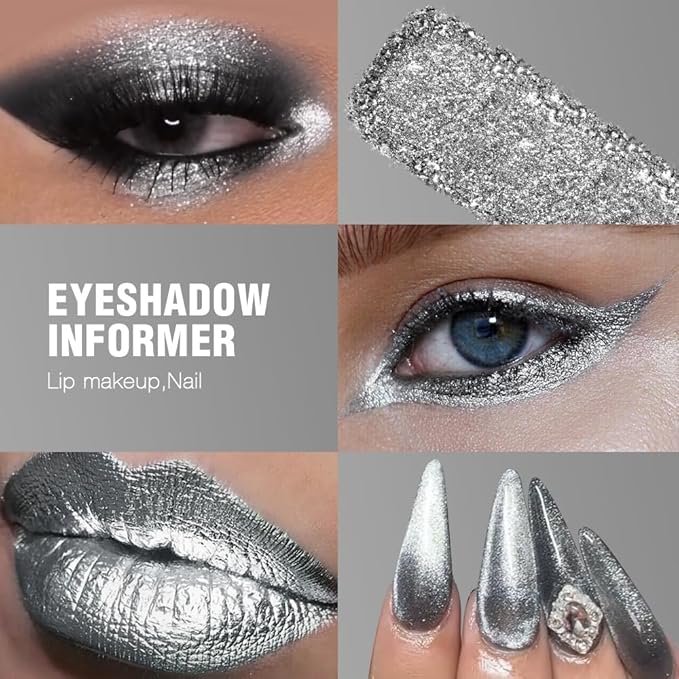 Silver Glitter Eyeshadow Single, High Impact Gray Silver Sparkle Eyeshadow for Smokey Eyes, Blendable Pigmented Long Lasting Metallic Eye Shadow, Shiny Minerals Pressed Powder Eye Glitter, Vegan #11H