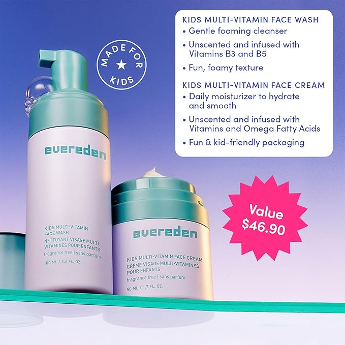 Evereden Fragrance-Free Kids Happy Face Duo - Unscented Multi-Vitamin Face Wash & Face Cream Set - Clean & Vegan Skin Care for Kids 3+ - Moisturizing, Nourishing, & Protective Skin Care Set