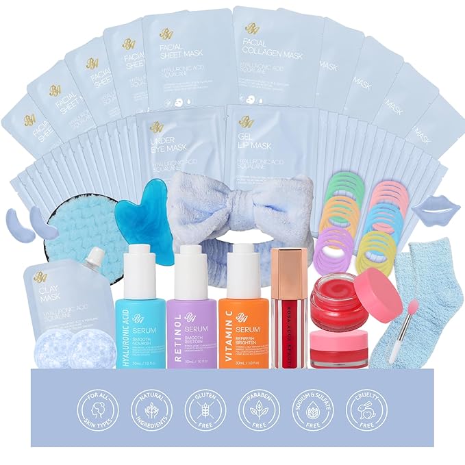 55 Pcs Valentines Day Gifts for Women, Face Sheet Masks Hydrating Skin Care, Overnight Hydrogel Mask, Under Eye Patches, Gel Lip Mask, Face Serum, Christmas, Mother's Day, Birthday, Mom