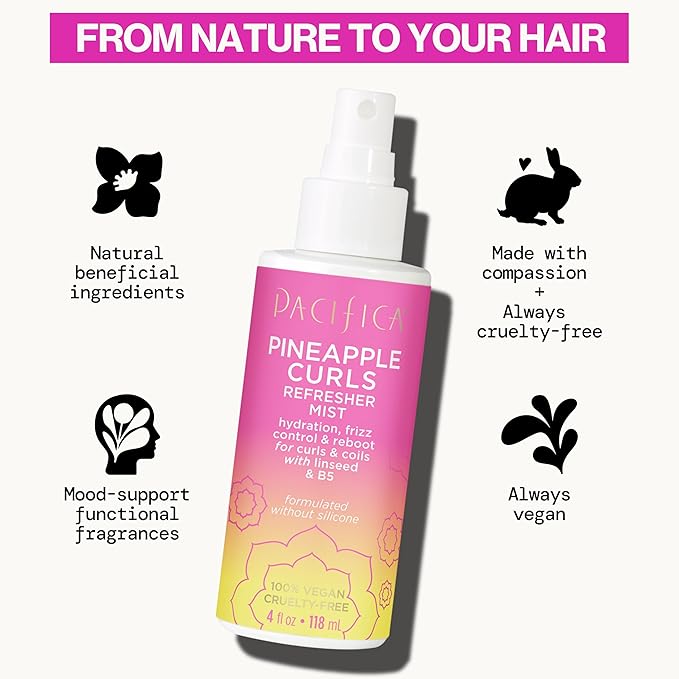 Pacifica Pineapple Curls Refresher Mist-Curl Refresher Spray, with Hyaluronic Acid, Vitamin B5 & Plant Oils, Vegan & Dermatologist Tested Curly Hair Products and Wavy Hair Products-4 Fl Oz(Pack of 2)