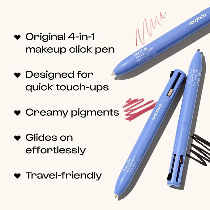 Alleyoop Pen Pal 4-in-1 Makeup Pen – Comes with Eyeliner, Lip Liner, Highlighter Makeup & Eyebrow Pencils for Women – Portable, Touch-Up On the Go – Cruelty-Free, Vegan (Berry Busy (Medium - Deep)