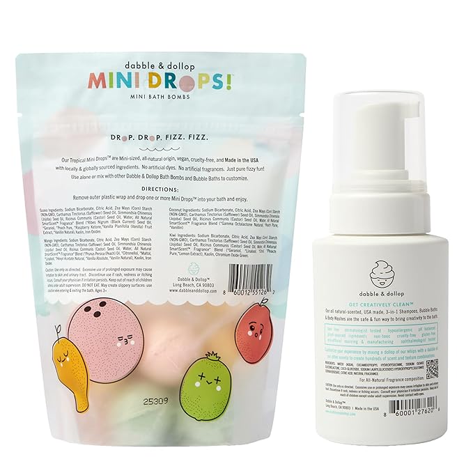 Dabble & Dollop Tropical Mini Bath Bombs & Vanilla Shampoo, Body Wash and Bubble Bath for Kids - All Natural, Resealable Pouch, Foaming Whip, Vegan, Gluten-Free, Cruelty-Free (Pack of 2)
