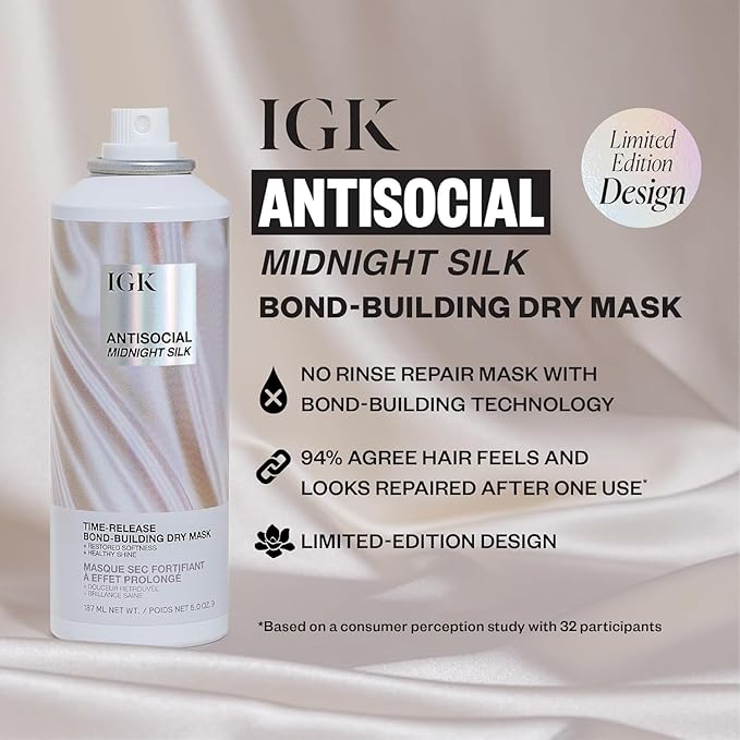 IGK Antisocial Midnight Silk Bond-Building Dry Hair Mask – No-Rinse Leave-In Treatment with Vegan Silk Protein – Limited Edition Design, 5 oz
