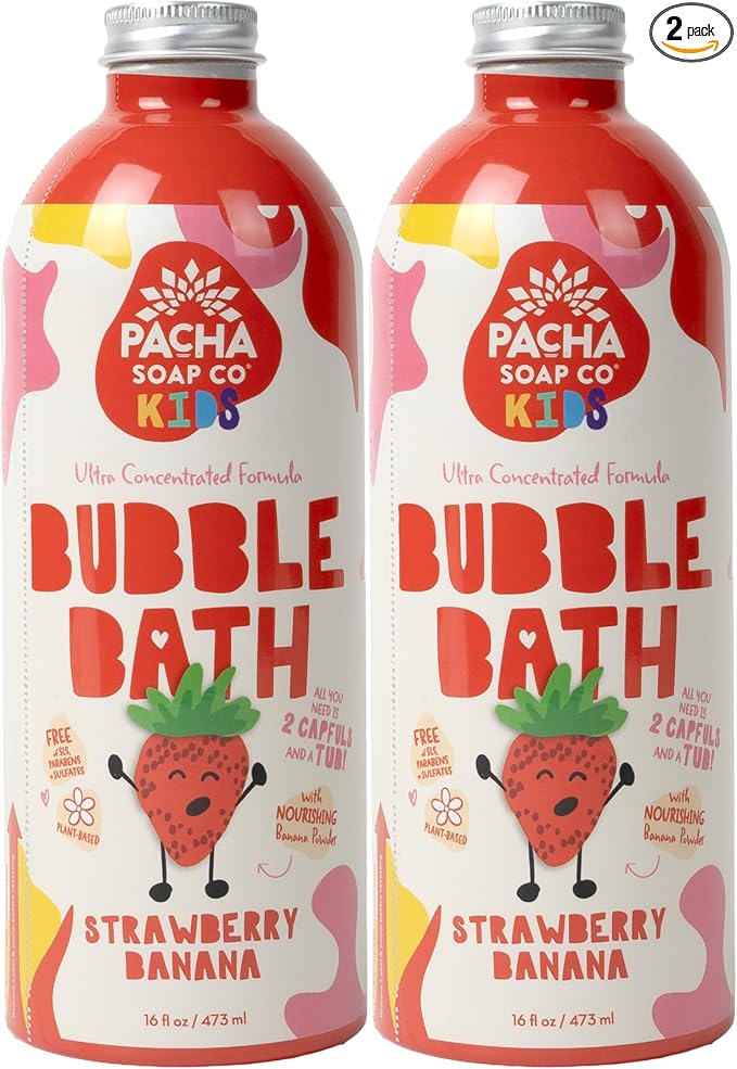 Pacha Soap Co. Kids Bubble Bath - Strawberry Banana, Ultra-Concentrated, Foaming, Tear-Free, SLS-Free, Moisturizing, Non-Toxic Kids Bath Set, Plant-Based & Vitamin-Rich, Made in The USA, 2-Pack