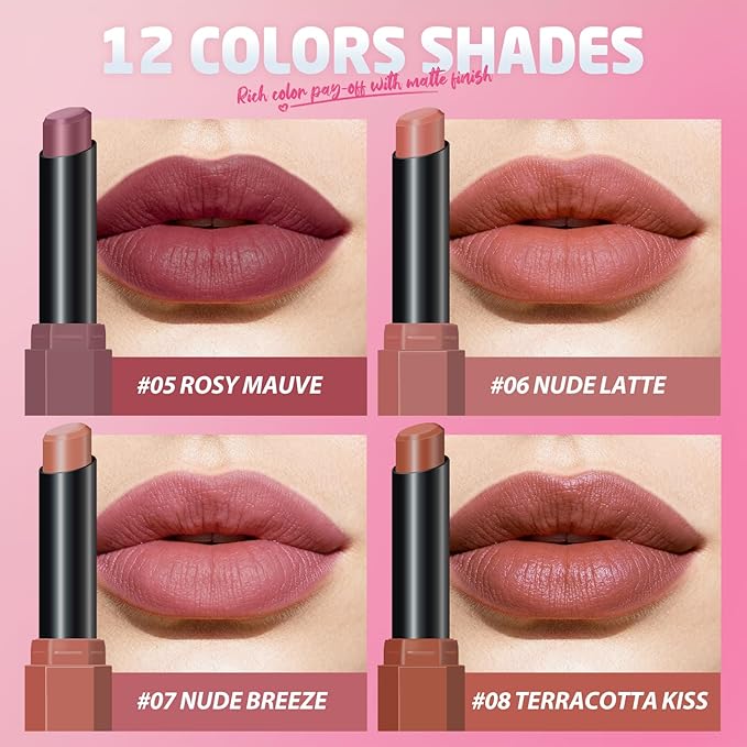 Jolilab 6Pcs Velvet Matte Lipstick Nude Matte Soft Dark Color Stick High Pigmented Long-Lasting Waterproof Lip Stick Lip Balm Beauty Cosmetics Gift for Women(Curated Set A)
