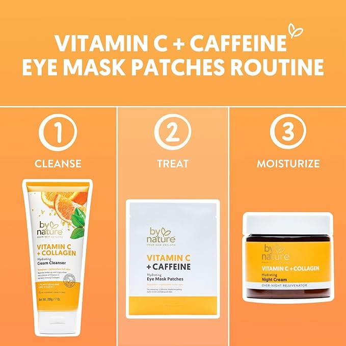 By Nature Vitamin C + Caffeine + Hydrating Under Eye Mask Patches - Energizing + Replenishing Eye Patches for Dark Circles - Skincare from New Zealand - Under Eye Patches - 5 Pairs