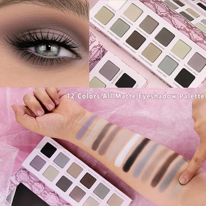 All Matte Neutral Eyeshadow Palette, Cool Toned Grey Smoky Eyeshadow Palette for Hazel Brown Eyes, High Pigmented Mauve Taupe Natural Eye Shadow Pallet for Mature Skin, Blendable & Long Last,Talc Free