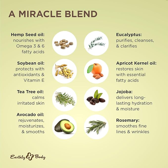Earthly Body Miracle Oil, 1 fl. oz. - 100% Natural Tea Tree Oil, Hemp Seed Oil & Vitamin E - Moisturizer, Calms Skin Irritations, Helps Smooth Wrinkles - Gluten Free, 100% Vegan