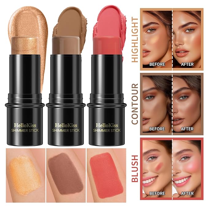 3Pcs Cream Contour Stick Makeup Kit, Shades with Highlighter, Blush and Bronzer Contour Stick for Cheeks, Lips, Eyes, Natural Face Contouring, Long Lasting, Waterproof, Matte Finish (Set C, S)