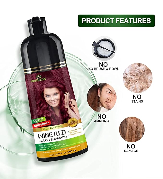 Herbishh Color Shampoo for Gray Hair Coverage (Wine Red) –Hair Dye 3-in-1 Shampoo- Colors in Minutes – Lasts Up To 2-3 Weeks – 500 mL – Ideal for Men & Women