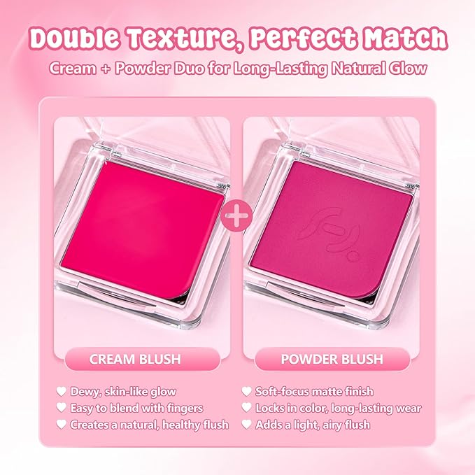 Versatile Blush Duo for Cheeks, Eyes & Lips – Cream & Powder Blush Set, Highly Pigmented, Long-Lasting, Blendable, Valentine’s Day Gift (2-Pack, Berry Bliss)
