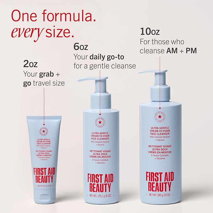 First Aid Beauty Ultra Gentle Cream-to-Foam Pure Facial Cleanser – Makeup Removing Face Cleanser - Face Wash with Colloidal Oatmeal & Glycerin, for Sensitive, Acne & Blemish-Prone Skin, 6 oz