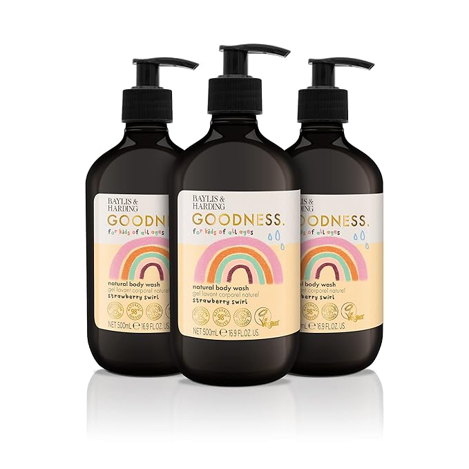 Baylis & Harding Goodness Kids Strawberry Swirl Natural Body Wash 16.9 fl. oz (Pack of 3) - Biodegradable Formula - Vegan Friendly