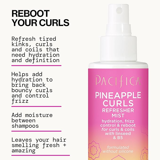 Pacifica Pineapple Curls Refresher Mist-Curl Refresher Spray, with Hyaluronic Acid, Vitamin B5 & Plant Oils, Vegan & Dermatologist Tested Curly Hair Products and Wavy Hair Products-4 Fl Oz(Pack of 2)