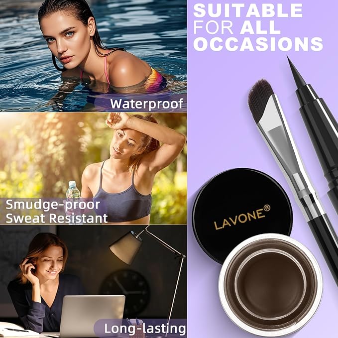 LAVONE Eyeliner Set - Waterproof Makeup Kit with Liquid Eye Liner Pencil, Gel Eyeliner and Angled Eye Liner Brush, Waterproof, Smudge Resistant, Long Lasting Formula - Ebony