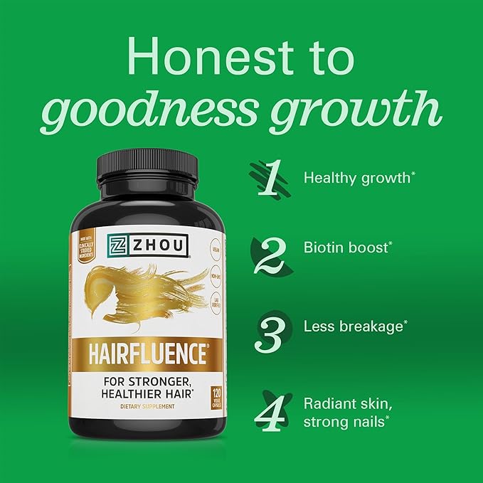 Zhou Hairfluence - Vegan Biotin Supplement for Hair Growth for Men & Women, Lustriva Hair Growth Supplement for Nails & Glowing Skin with B Vitamin Complex & Keranat - 120 Capsules (Pack of 1)