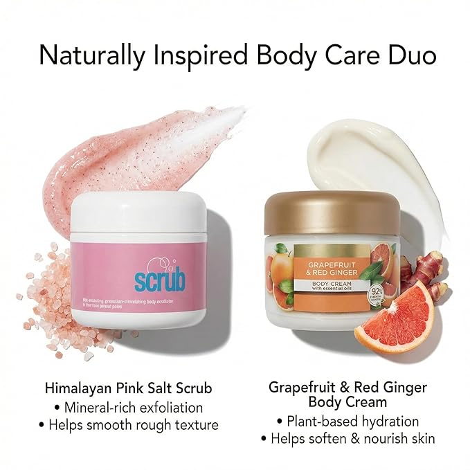 Himalayan Pink Salt Body Scrub & Body Cream Set – Exfoliating Body Scrub and Moisturizing Lotion – Spa Gift Set for Women – Grapefruit & Red Ginger – Vegan, Paraben Free