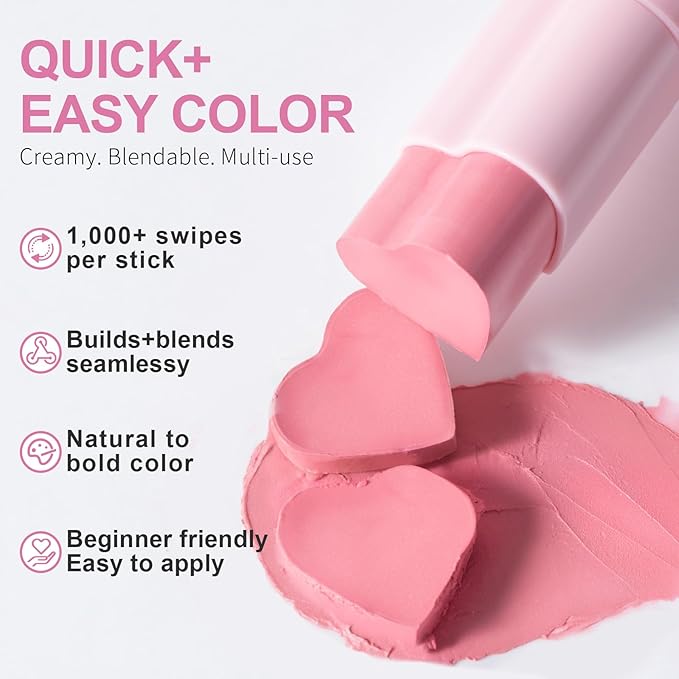 Cream Blush Stick, Heart-Shaped Cream-to-Powder Blush 0.25 oz – Soft-Focus Long-Lasting Cheek & Eye Color, Jojoba Oil & Shea Butter, Vegan & Cruelty-Free, Gift for Her,CANDY